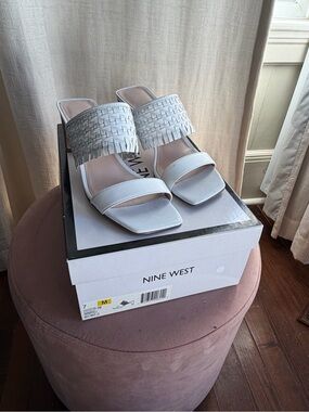 Nine West White Woven Fringe Slide Mules